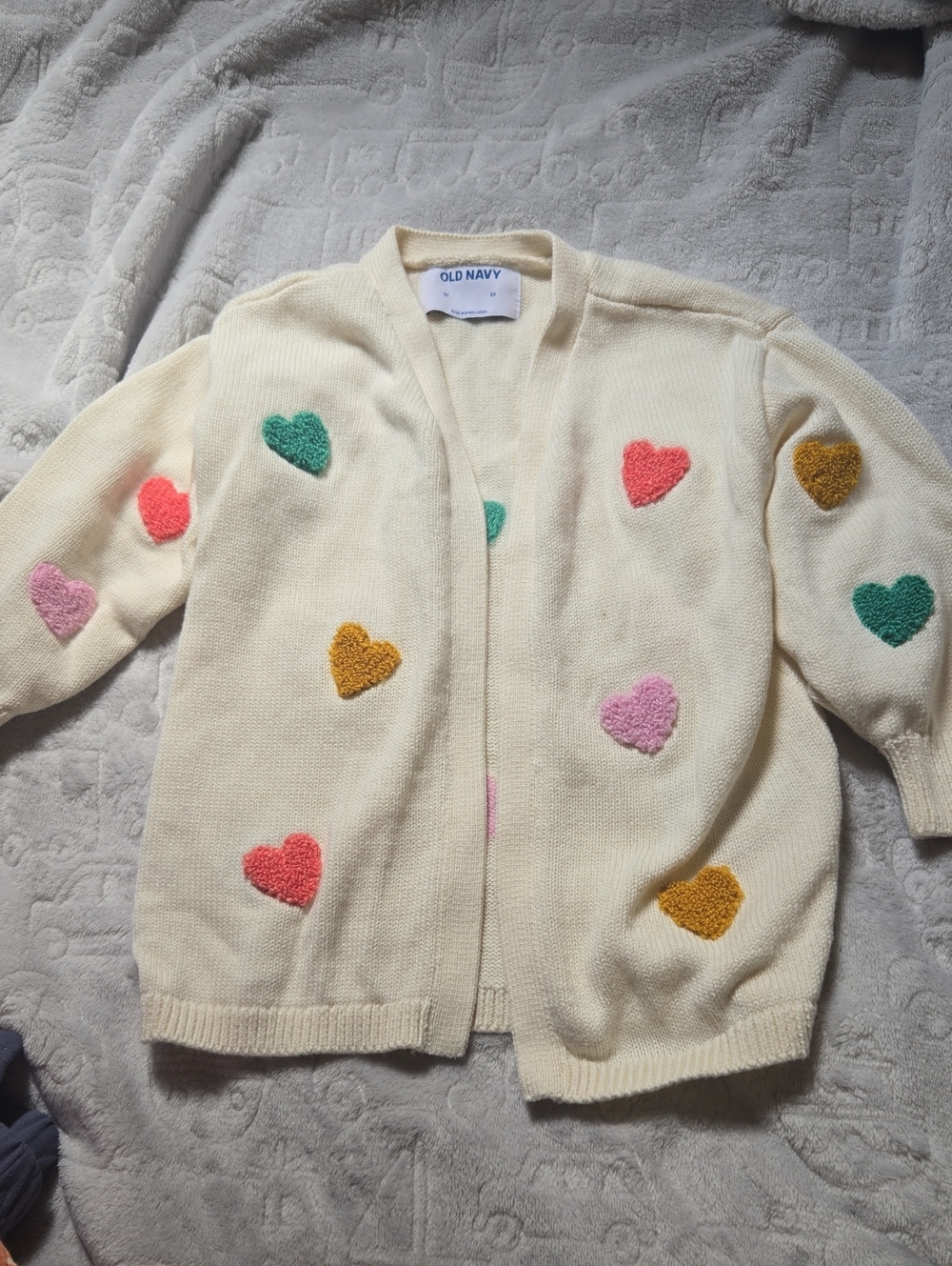 Old Navy Cream Cardigan with Multicolor Heart Patches